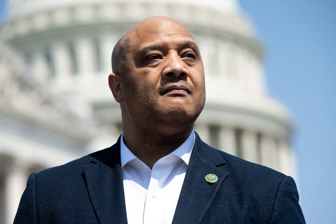 Rep. Andre Carson speaks during a press conference outside the US Capitol in Washington, DC, May 18, 2023.?