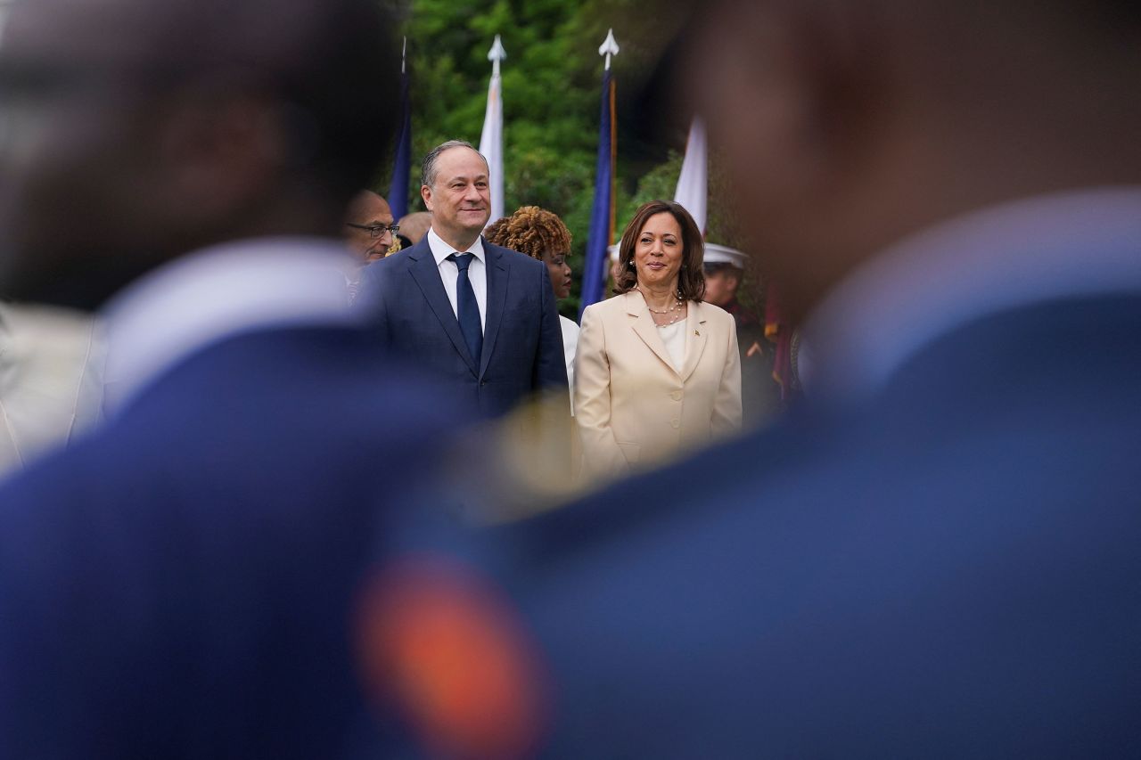 Vice President Kamala Harris and second gentleman Doug Emhoff attend an event at the White House in May.