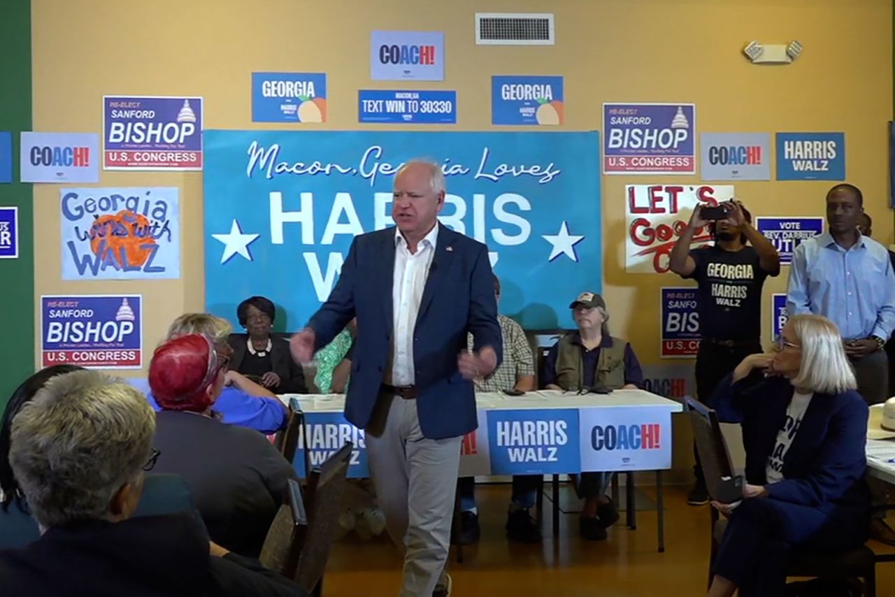 Walz speaks at a campaign office in Macon, Georgia, on Tuesday.