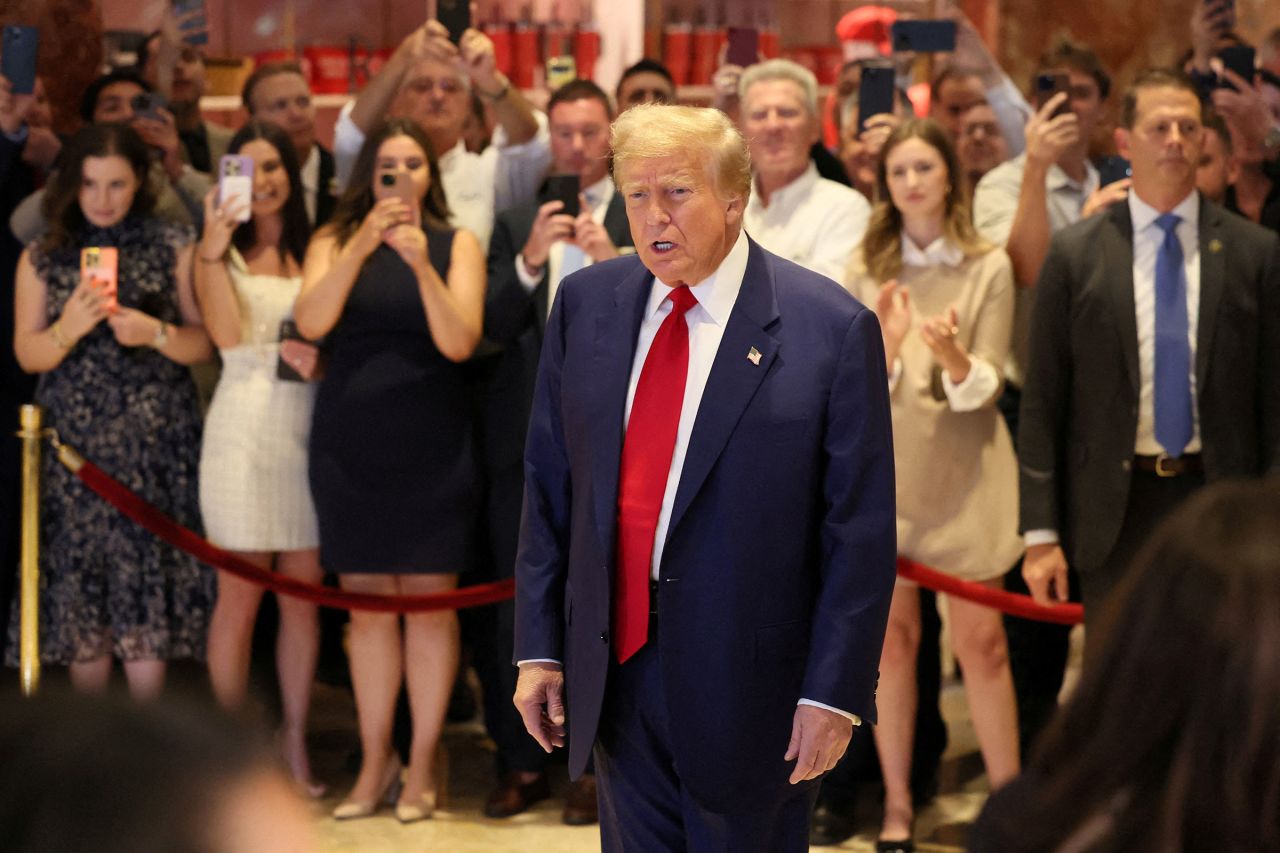 Former President Donald Trump attends a press conference, the day after a guilty verdict in his criminal trial over charges that he falsified business records to conceal money paid to silence porn star Stormy Daniels in 2016 at Trump Tower in New York City on May 31.