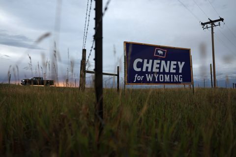 A sign campaigning for Congressman Liz Cheney is posted in Laramie, Wyoming, on Aug. 14. 