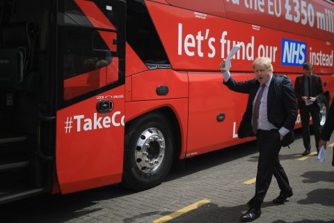Boris Johnson pictured during the 2016 referendum campaign in front of the Brexit campaign bus sporting the infamous slogan.