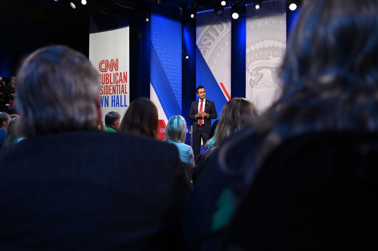 Vivek Ramaswamy answers a question during the town hall.