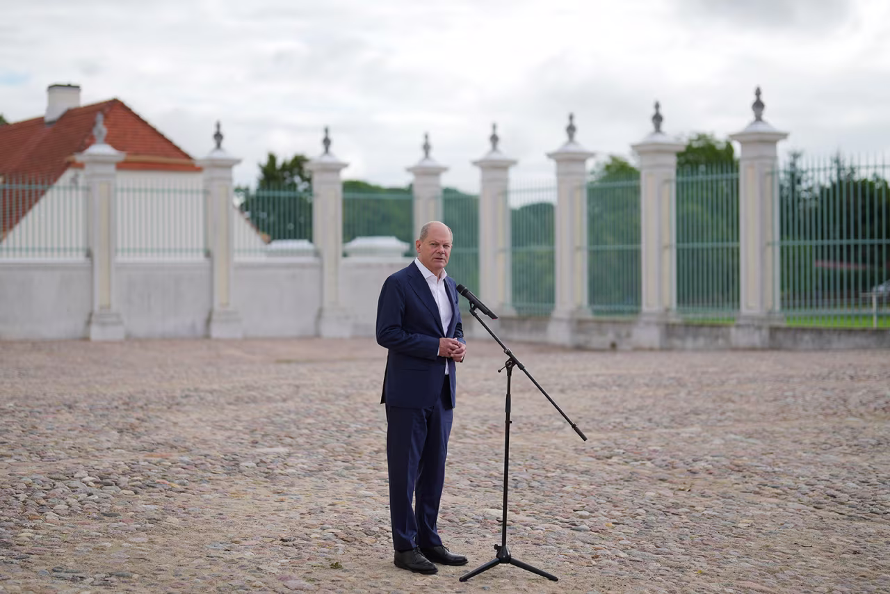 German Chancellor Olaf Scholz briefs the media prior to a two days cabinet meeting at the German government guest house in Meseberg, Germany, on August 30.