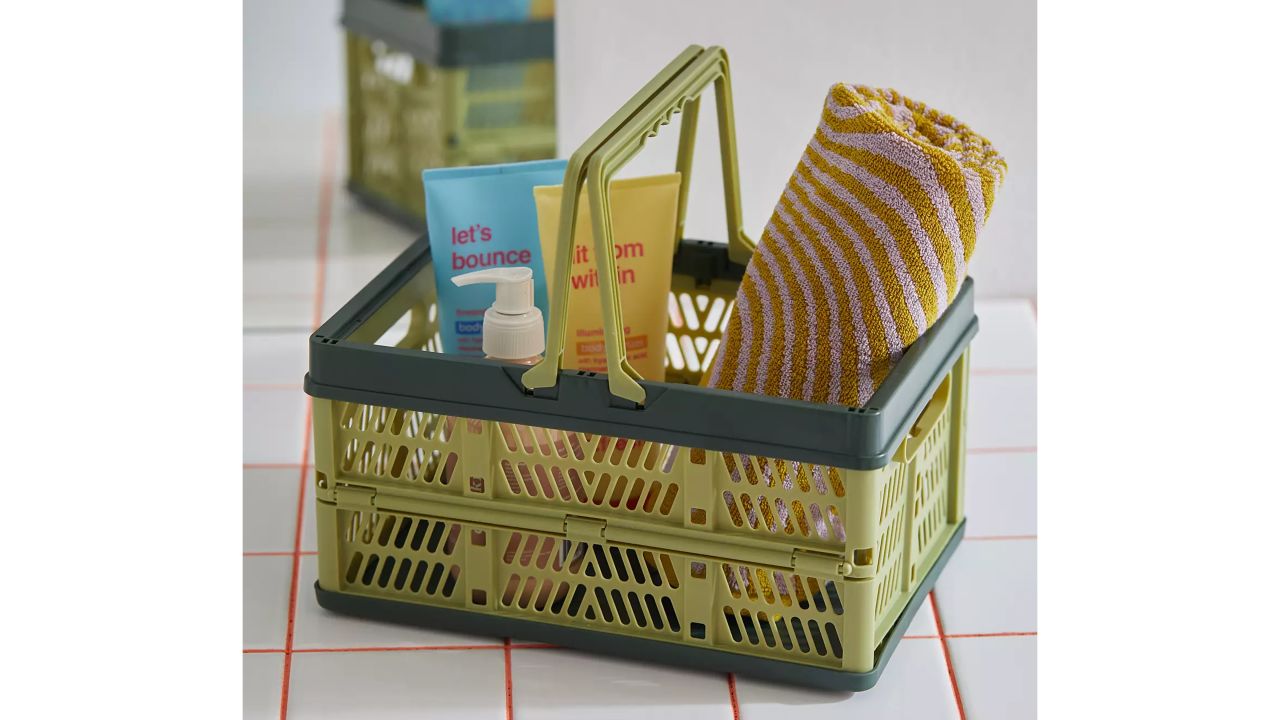 green felix storage caddy with bathroom products