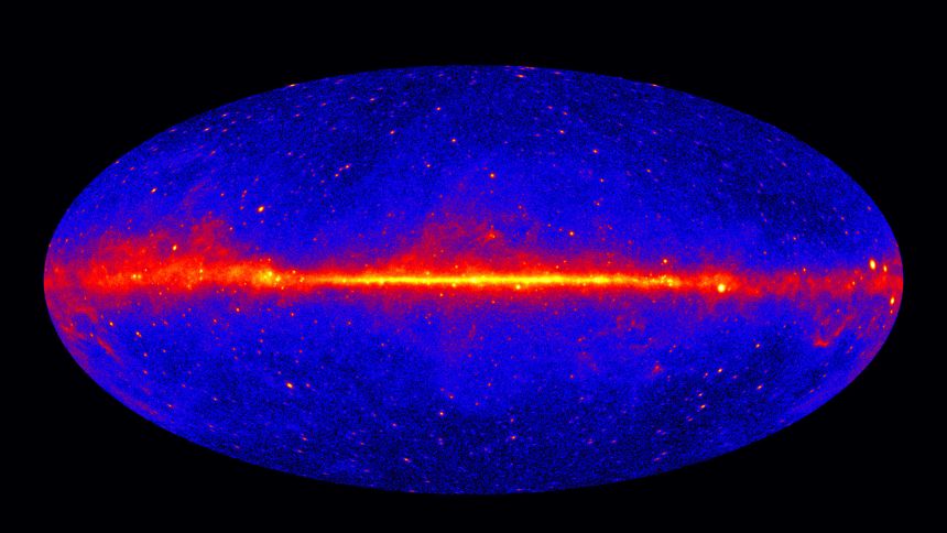 The gamma ray glow can be clearly seen in this image, from NASA's Fermi telescope data, along the map's center, which marks the central plane of our Milky Way galaxy.