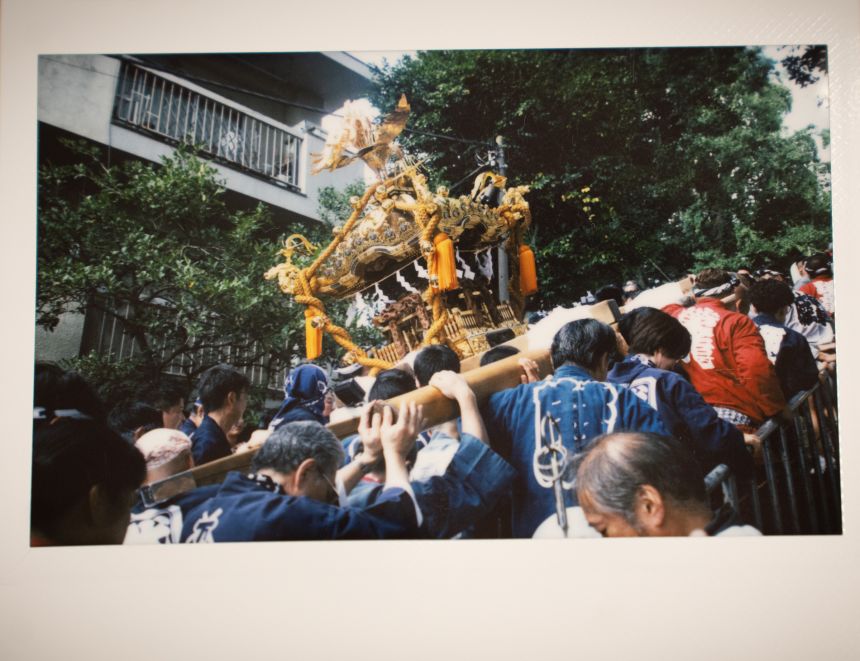 The followers carry the mobile shrine during the Kitazaki Hachiman Shrine Festival held in Shimizuzaki, Tokyo.
