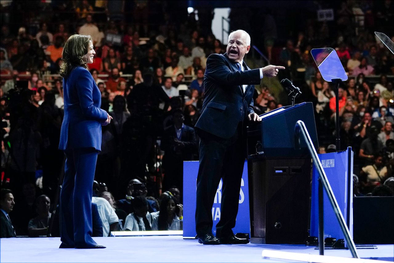 Democratic presidential nominee Vice President Kamala Harris and her running mate Minnesota Gov. Tim Walz on stage during a campaign rally in Philadelphia, Tuesday, August 6.