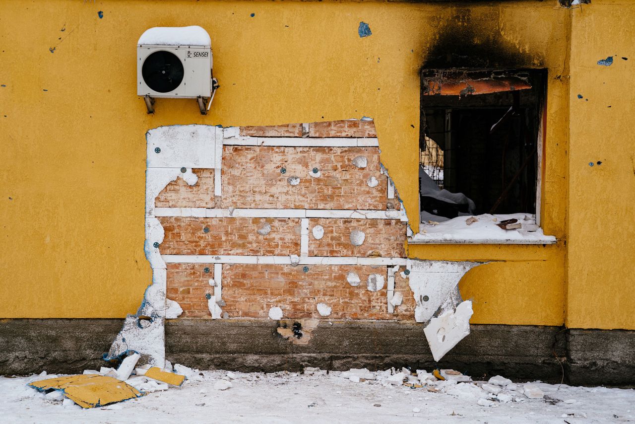 The wall of a damaged building from where a group people tried to steal a work of the famous British artist Banksy in the town of Gostomel, near Kyiv, Ukraine, on December 3.