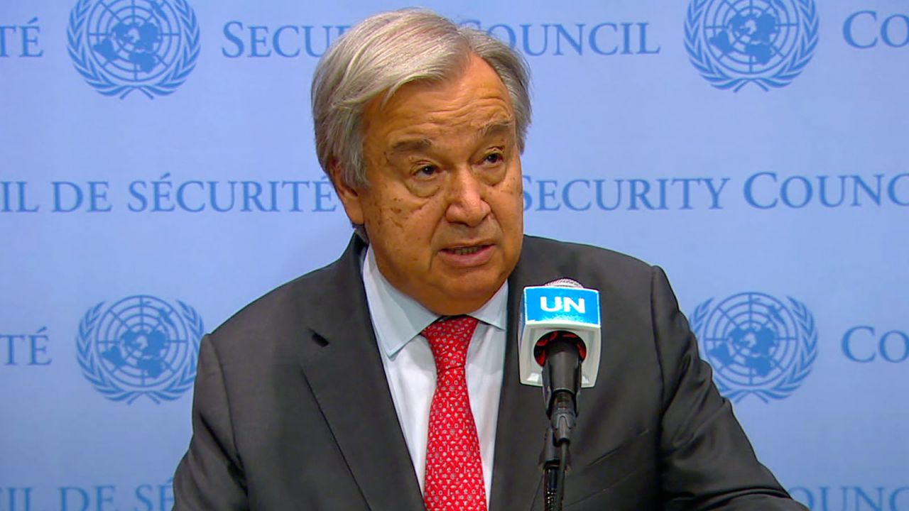 United Nations Secretary-General António Guterres speaks to reporters at the UN in New York ahead of a closed door meeting by the Security Council on the Middle East and other matters on Friday, October 13. 