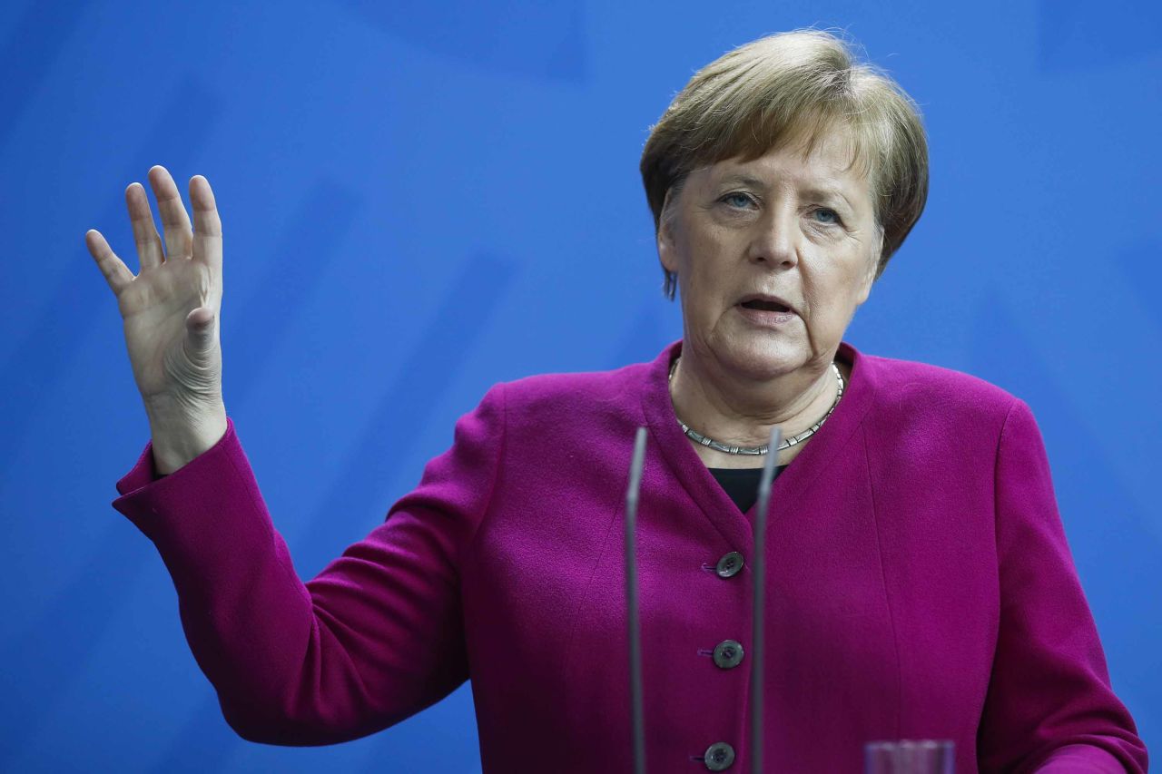 German Chancellor Angela Merkel briefs the media in Berlin on April 9.