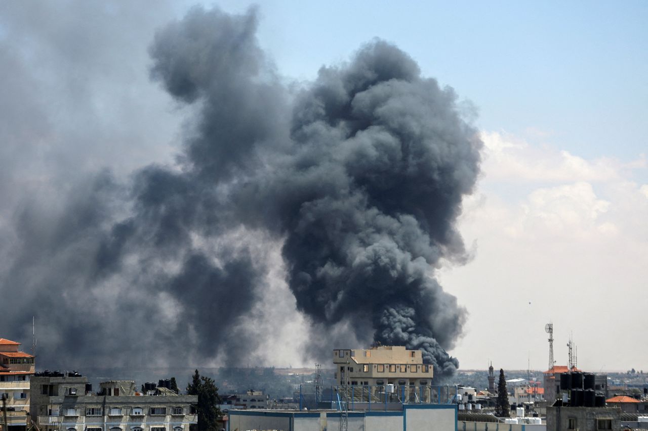 Smoke rises after an Israeli strike during a ground and air operation in the eastern part of Rafah, Gaza, on May 7.