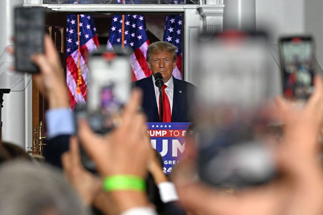 Former US President Donald Trump delivers remarks at Trump National Golf Club Bedminster in Bedminster, New Jersey, on June 13.