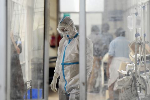 A health worker walks through a Covid-19 ward at the SRN hospital in Allahabad, India, on May 3.