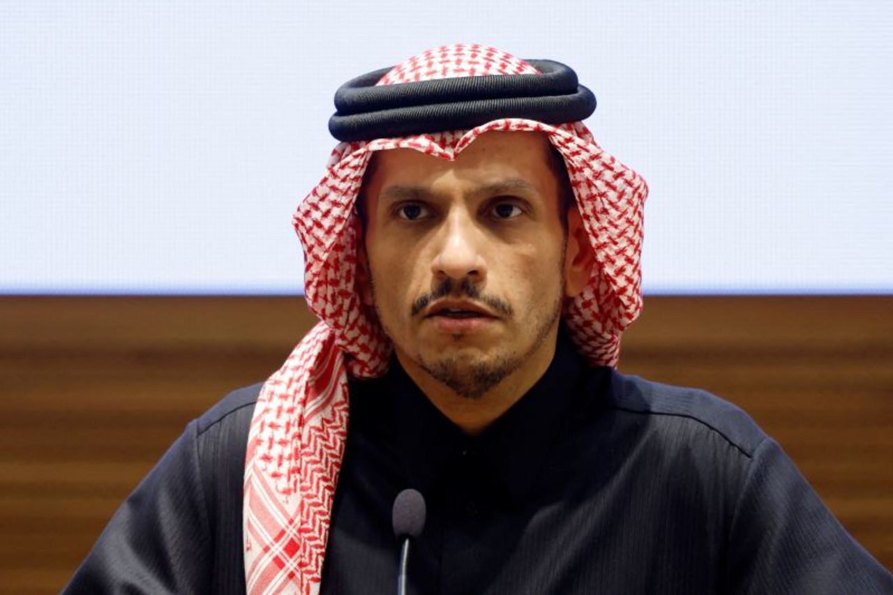 Qatar's Prime Minister and Minister of Foreign Affairs Mohammed bin Abdulrahman Al-Thani speaks during a joint press conference with US Secretary of State Antony Blinken in Doha, Qatar, on Sunday. 