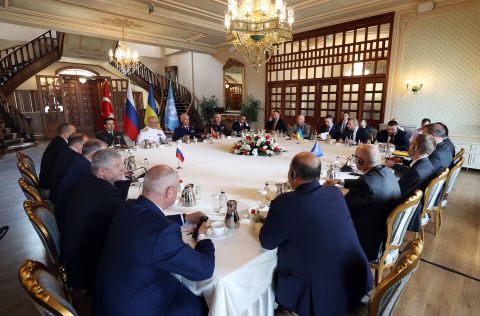 Military delegations from Turkey, Russia, Ukraine, along with UN officials, attend a meeting to discuss the shipment of Ukrainian grain stuck due to the blockade of Black Sea ports, at Kalender Pavilion in Istanbul, Turkey, on July 13.