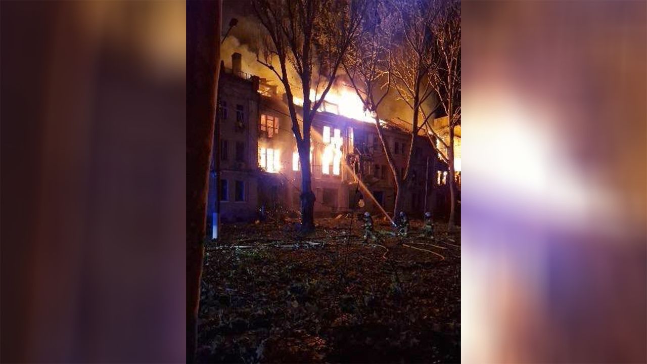 A building is seen on fire in Mykolaiv, Ukraine on early Thursday.