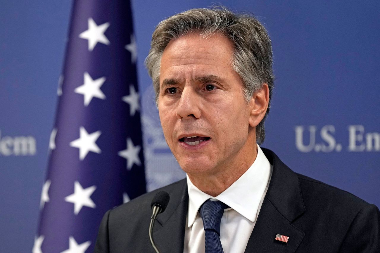 US Secretary of State Antony Blinken speaks during a press conference in Tel Aviv, Israel, on October 17. 