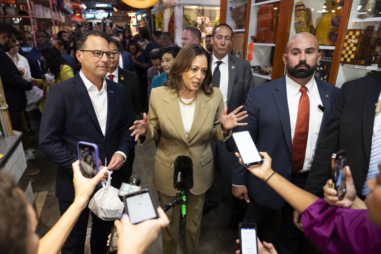 Vice President Kamala Harris speaks to the press at Reading Terminal Market in Philadelphia on July 13.