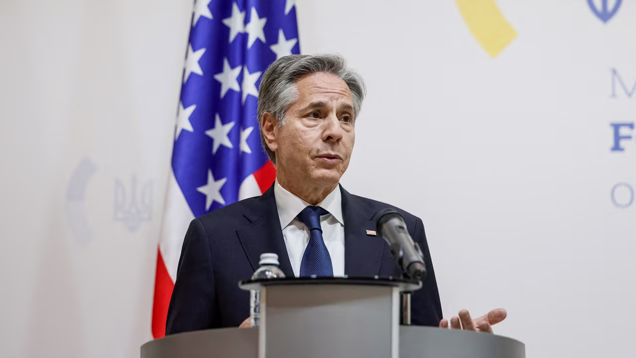 U.S. Secretary of State Antony Blinken speaks during a joint press conference with Ukrainian Foreign Minister Dmytro Kuleba in Kyiv, Ukraine, on May 15.