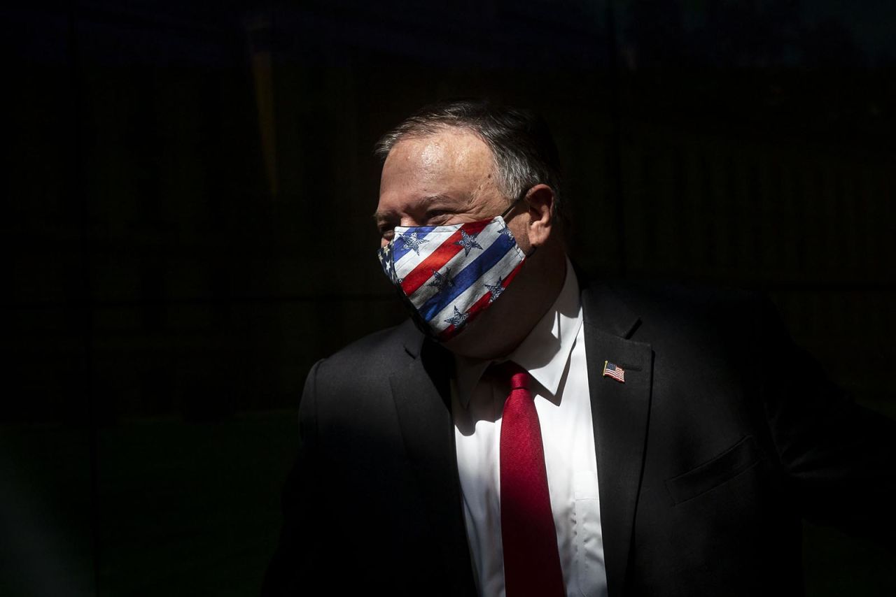 Secretary of State Mike Pompeo wears a mask at a press conference on August 12, in Prague, Czech Republic. 