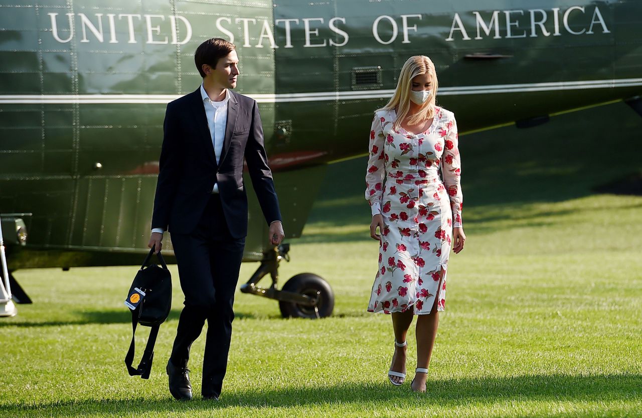Jared Kushner and Ivanka Trump walk off Marine One at the White House on July 26.
