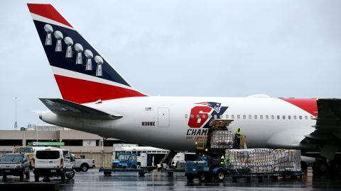 The New England Patriots plane delivers N95 masks in Boston in April 2020.