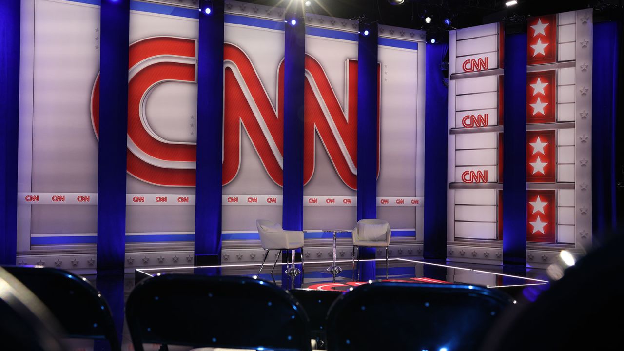 The empty stage before the CNN town hall, featuring Vice President Kamala Harris, is seen on Wednesday.