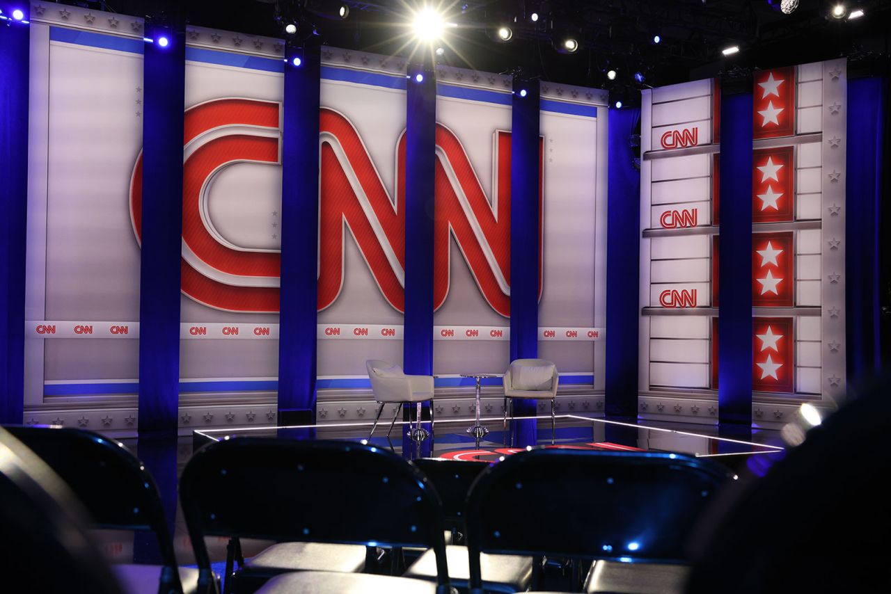 The empty stage before the CNN town hall, featuring Vice President Kamala Harris, is seen on Wednesday.