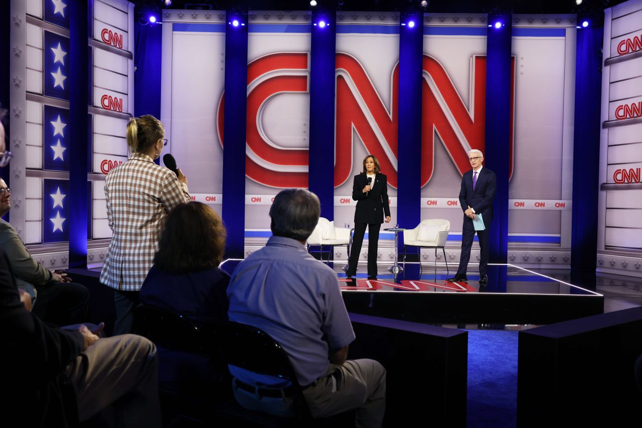 Vice President Kamala Harris listens to a voter in a CNN Presidential Town Hall moderated by CNN’s Anderson Cooper in Delaware County, Pennsylvania, on Wednesday, October 23.