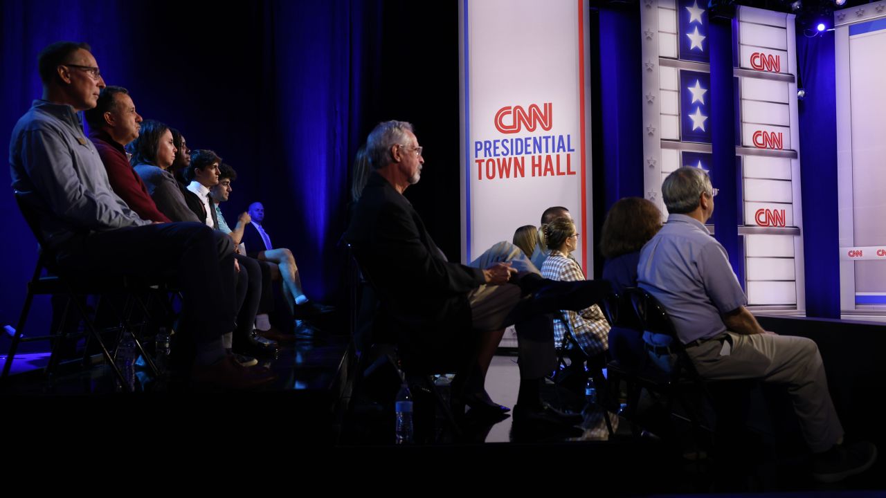 People listen as Vice President Kamala Harris speaks in a CNN Presidential Town Hall moderated by CNN’s Anderson Cooper in Delaware County, Pennsylvania, on Wednesday, October 23.