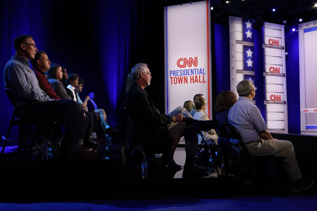 People listen as Vice President Kamala Harris speaks in a CNN Presidential Town Hall moderated by CNN’s Anderson Cooper in Delaware County, Pennsylvania, on Wednesday, October 23.