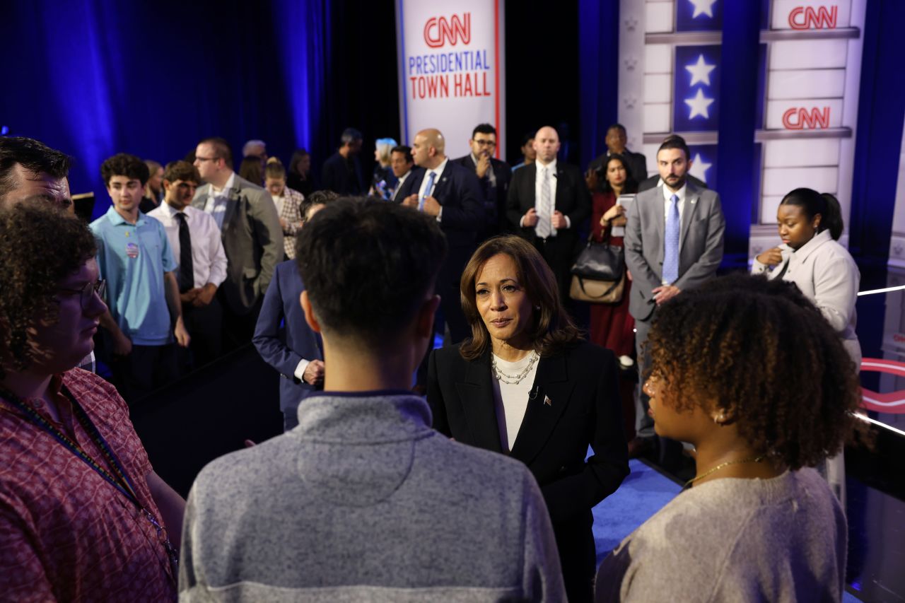 Vice President Kamala Harris speaks to voters after the CNN Presidential Town Hall moderated by CNN’s Anderson Cooper in Delaware County, Pennsylvania, on Wednesday, October 23.