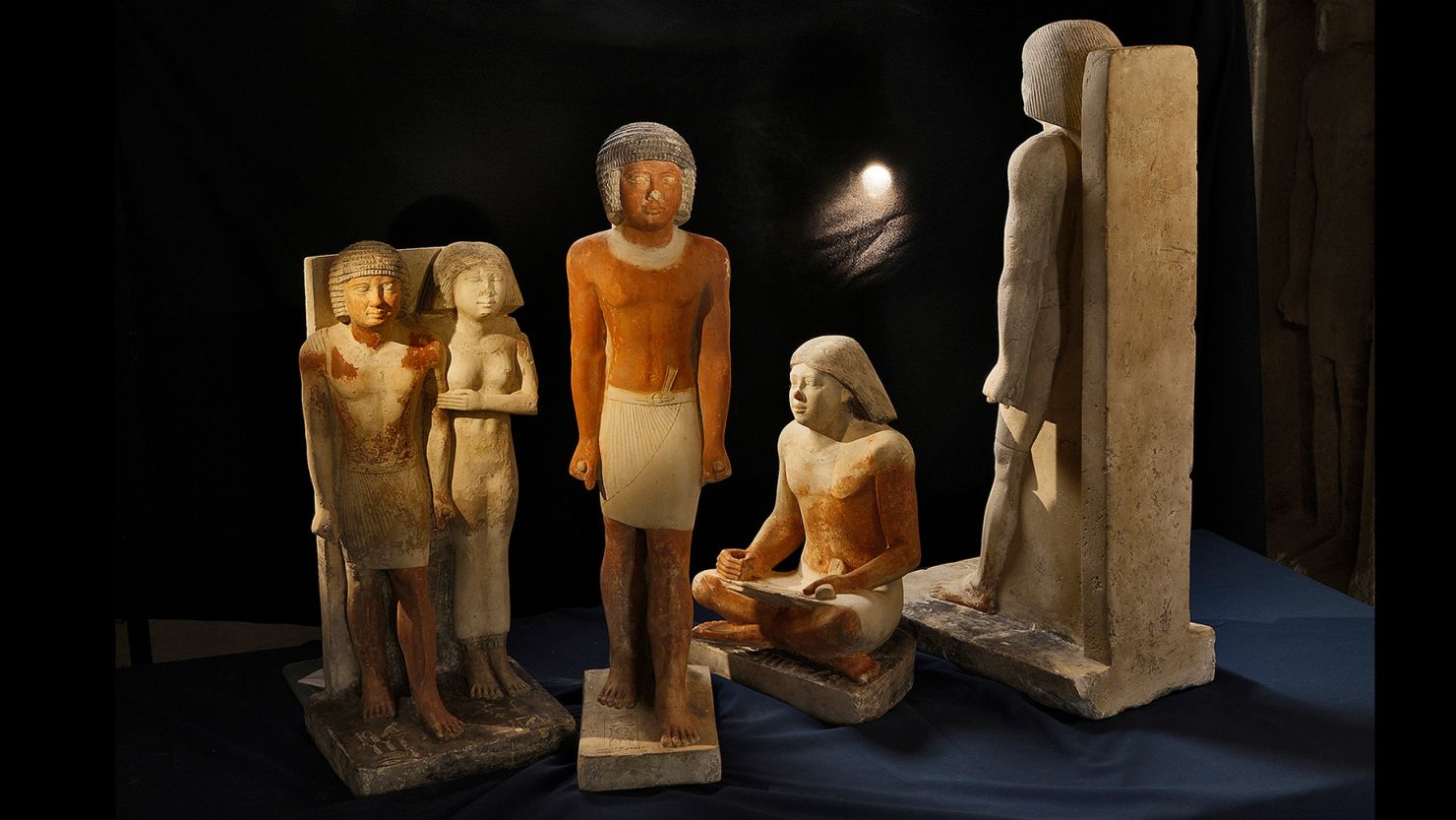 Statues depict the high dignitary and scribe Nefer and his wife in Abusir, Egypt. Scribes were high-status men with the ability to write in ancient Egypt.