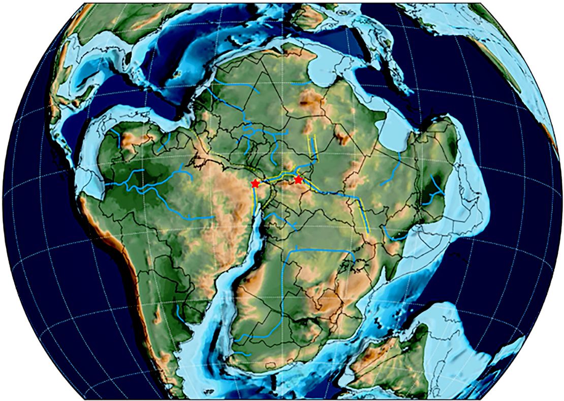 The red stars within this image indicate the path dinosaurs took when South America and Africa were connected.