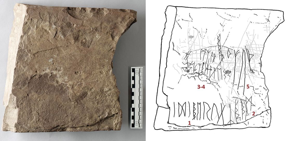 La piedra Hole 2 fue el primer fragmento cubierto de runa desenterrado en 2021 del sitio. Las inscripciones incluyen una palabra que posiblemente podría ser un nombre femenino, según los investigadores.