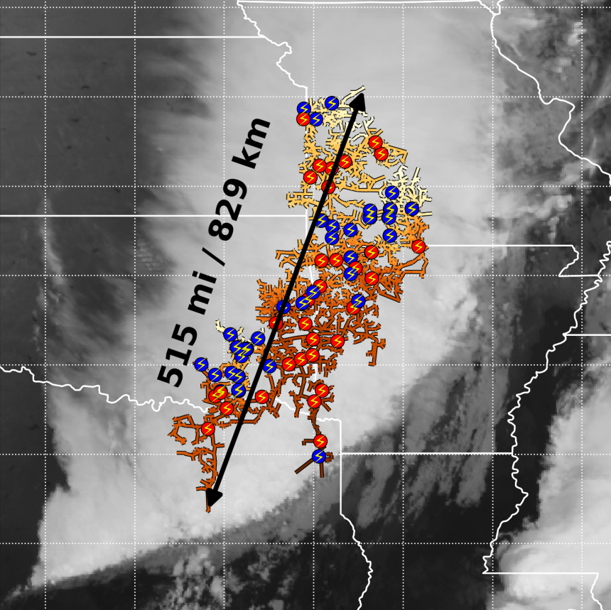 Composite satellite imagery mapping of the record lightning megaflash shows its development over time. Cloud-to-ground lightning are indicated with symbols colored by polarity; blue for negative and red for positive.