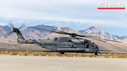 In this December 2023 photo from the US Marine Corps, a CH-53E Super Stallion helicopter with Marine Heavy Helicopter Squadron (HMH) 361, Marine Aircraft Group 16, 3rd Marine Aircraft Wing, taxis to a forward arming and refueling point in support of Exercise Steel Knight 23.2 at Inyokern Airfield, California.