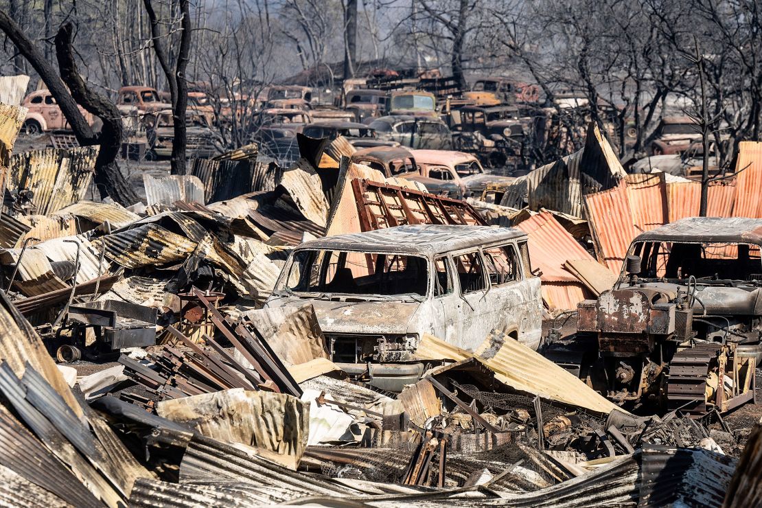 Vehicles scorched by the Park Fire line a yard in the Cohasset community of Butte County, Calif., on Friday, July 26, 2024.