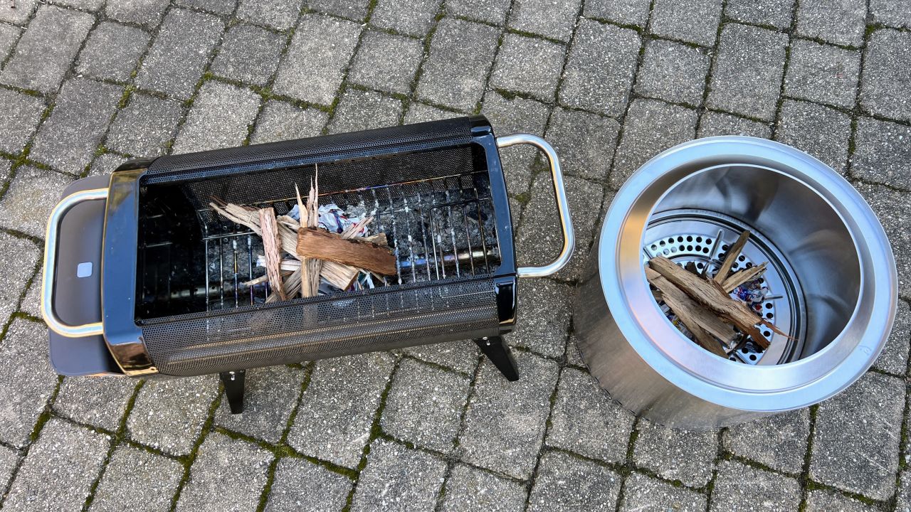 We used the same materials to start a fire in the BioLite FirePit+ (left) and the Solo Stove Ranger 2.0.