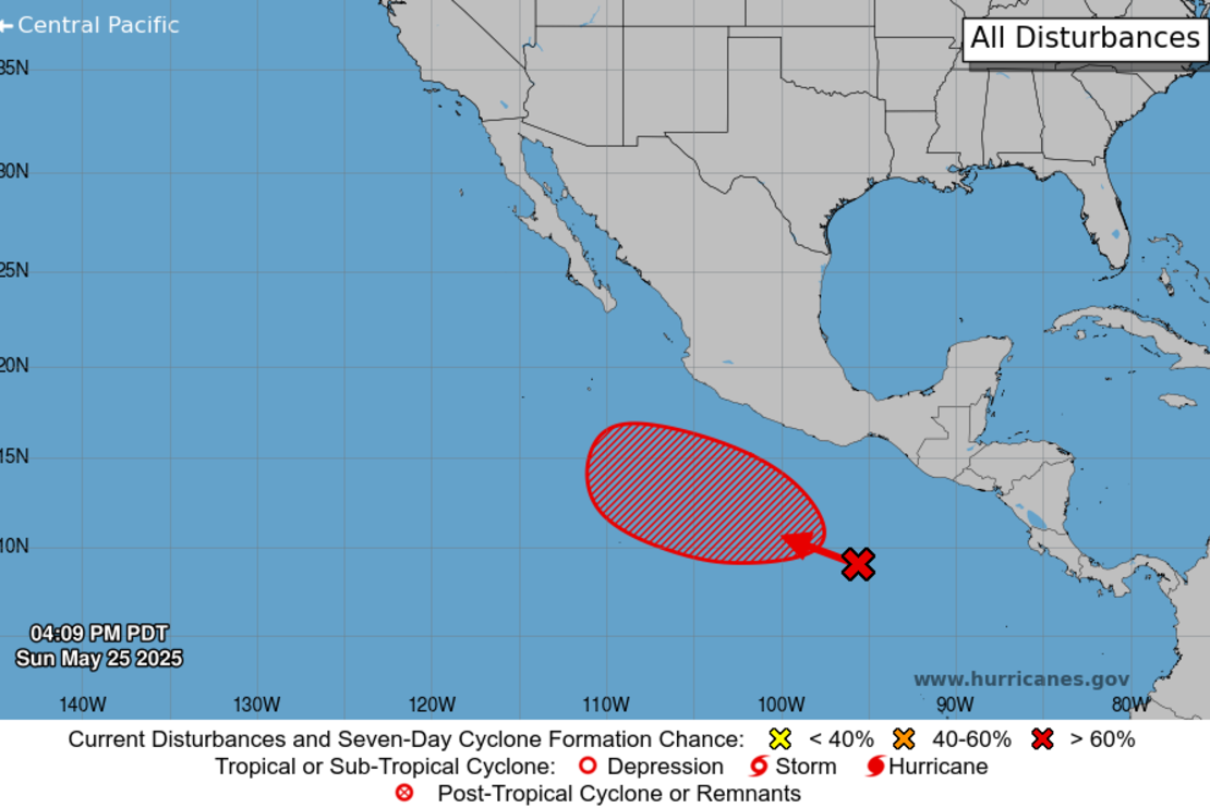 Gráfico de la perturbación en el océano Pacífico en la noche del 25 de mayo de 2025.