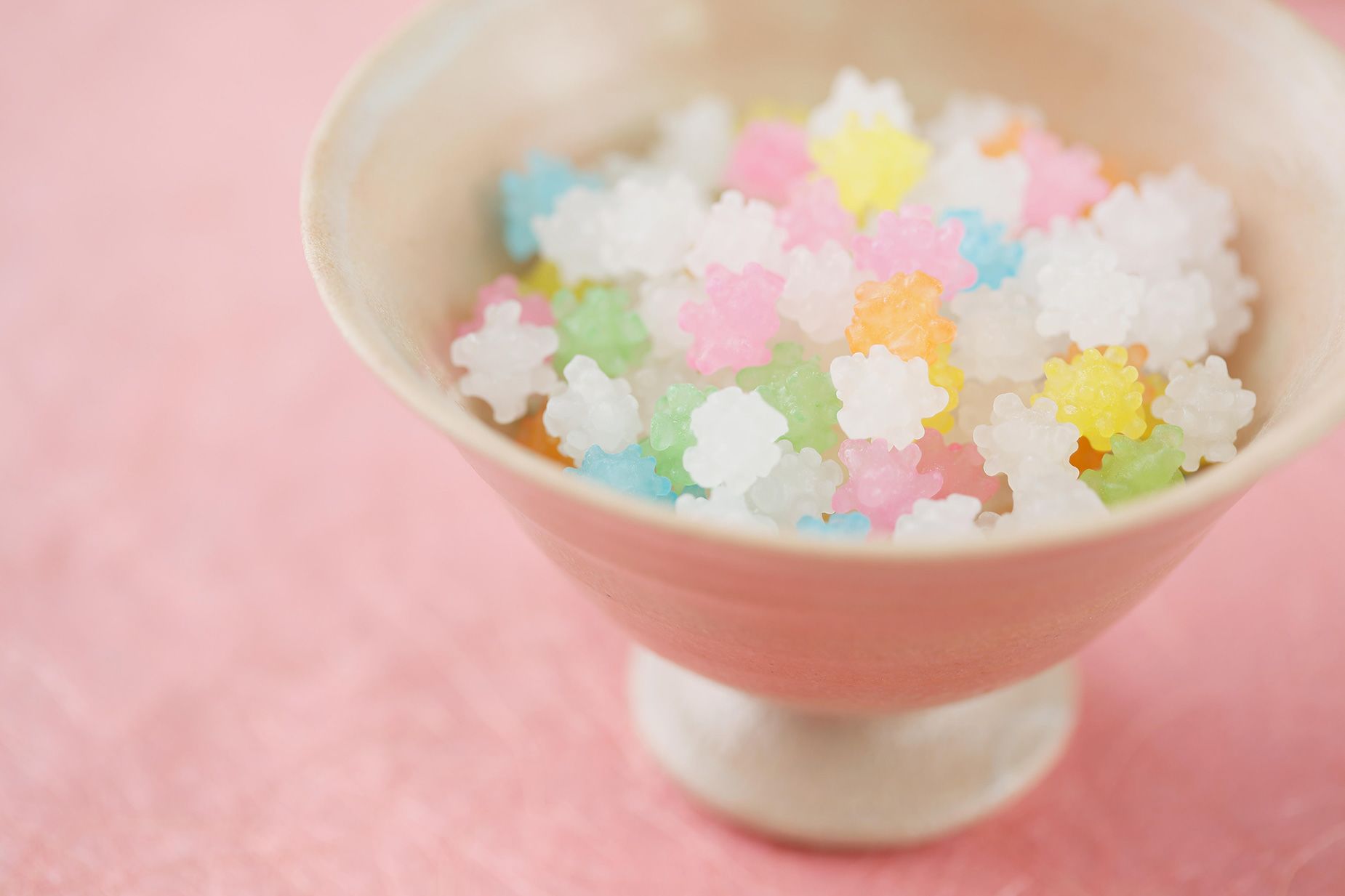A bowl of colorful konpeito candies.
