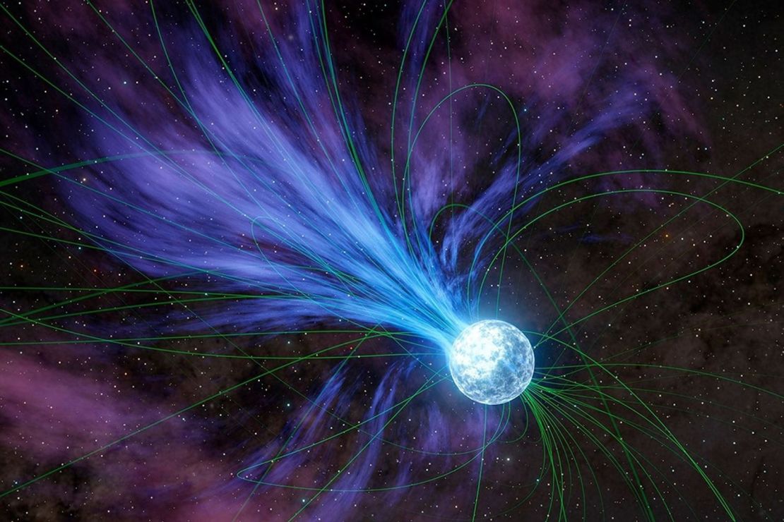 This artist's concept depicts a magnetar releasing material into space. The magnetic field lines, shown in green, influence the movement of charged material around the magnetar.