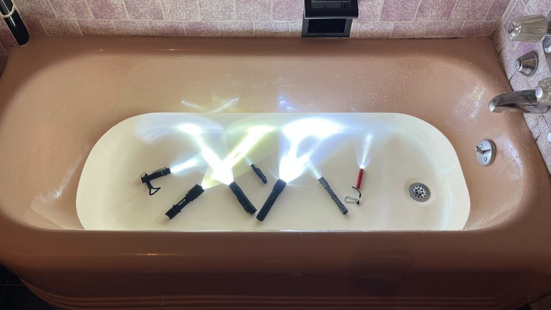 To test how waterproof the flashlights were, we submerged each flashlight — powered on — in a bathtub for 30 minutes, as well as using them in the rain.