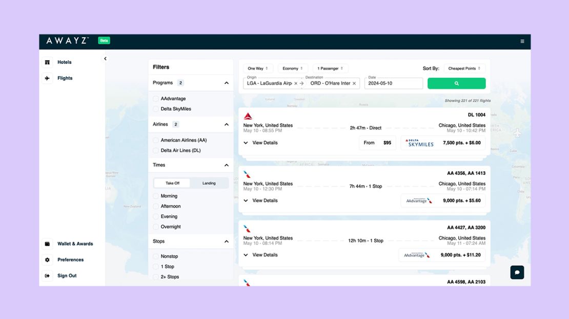 A screenshot showing flight search results on Awayz