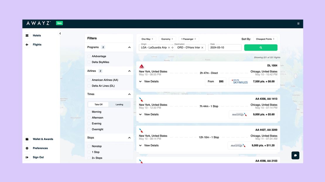 A screenshot showing flight search results on Awayz