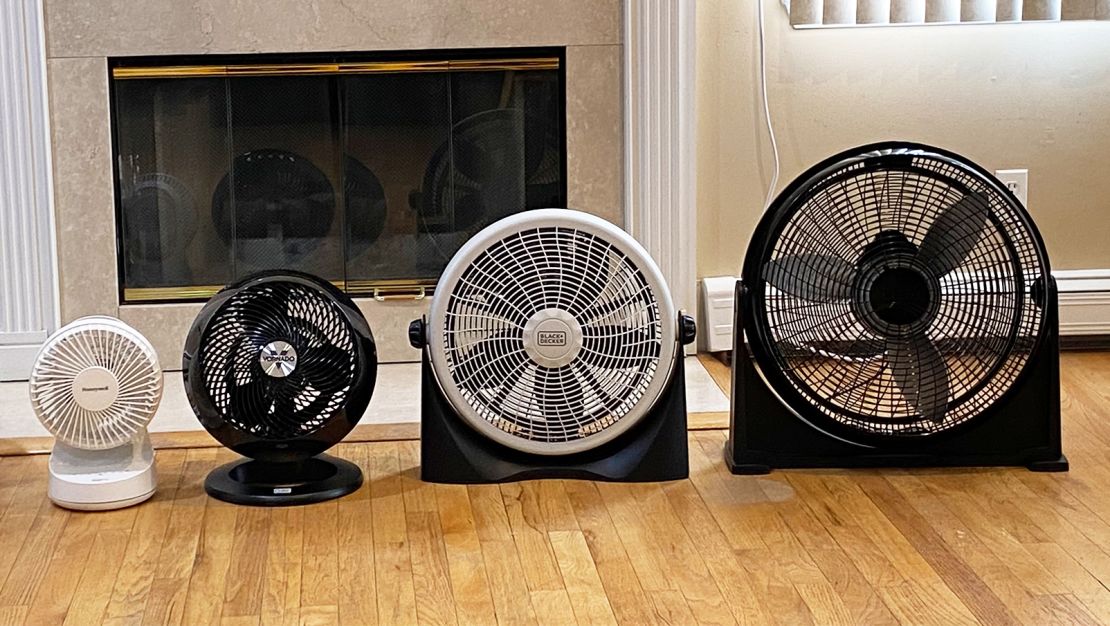 Left to right: Some of the floor fans we tested from Honeywell, Vornado, Black+Decker and Lasko.