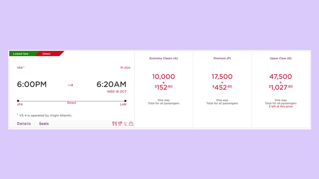 A screenshot of a Virgin Atlantic award flight