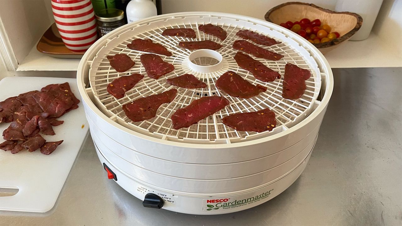 Marinated sliced beef, ready for drying in the Nesco Gardenmaster.
