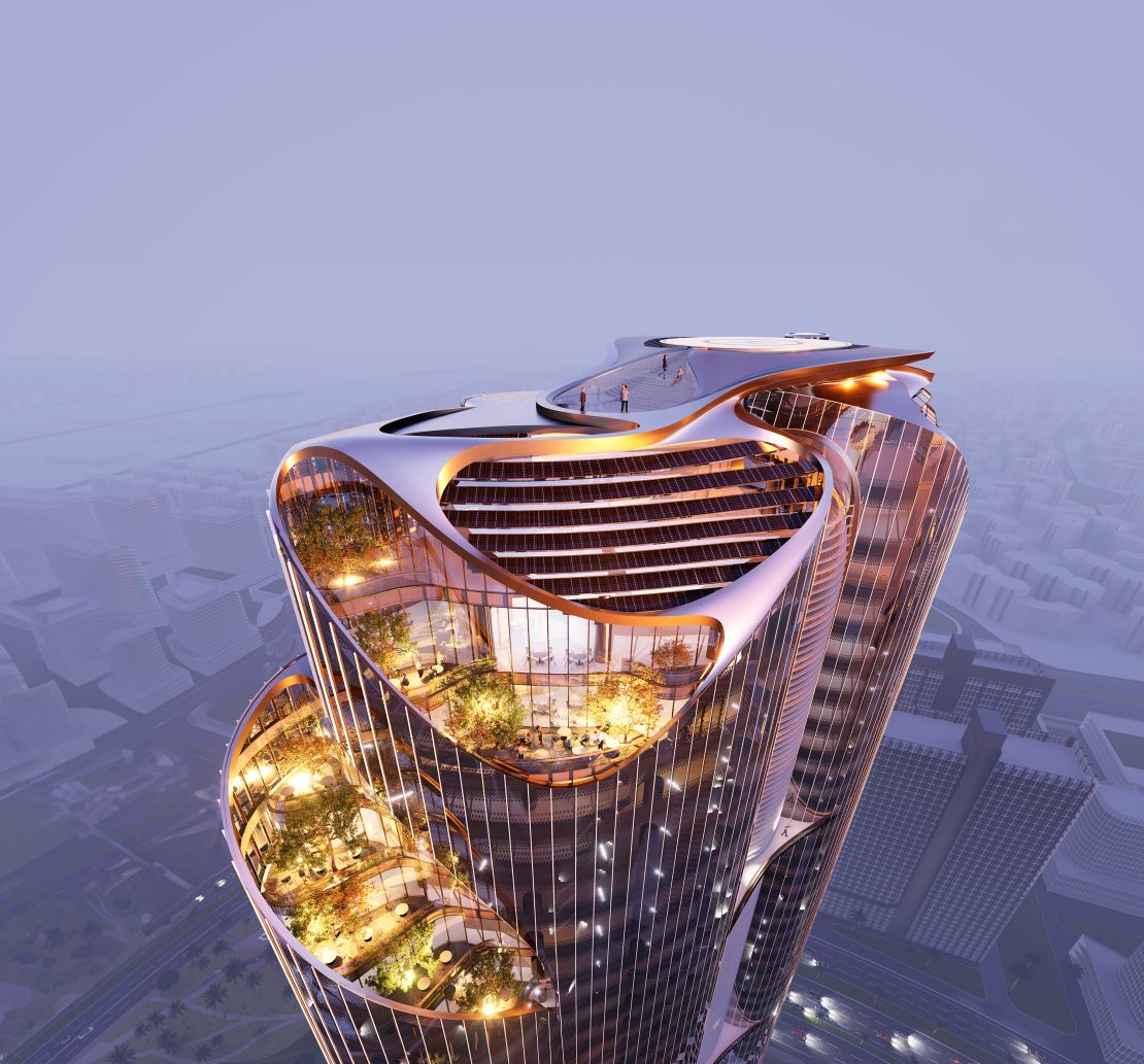 The developer intends to power the 240-meter high tower with hydrogen, supplemented by solar panels, as shown at the top of this rendering of the design.